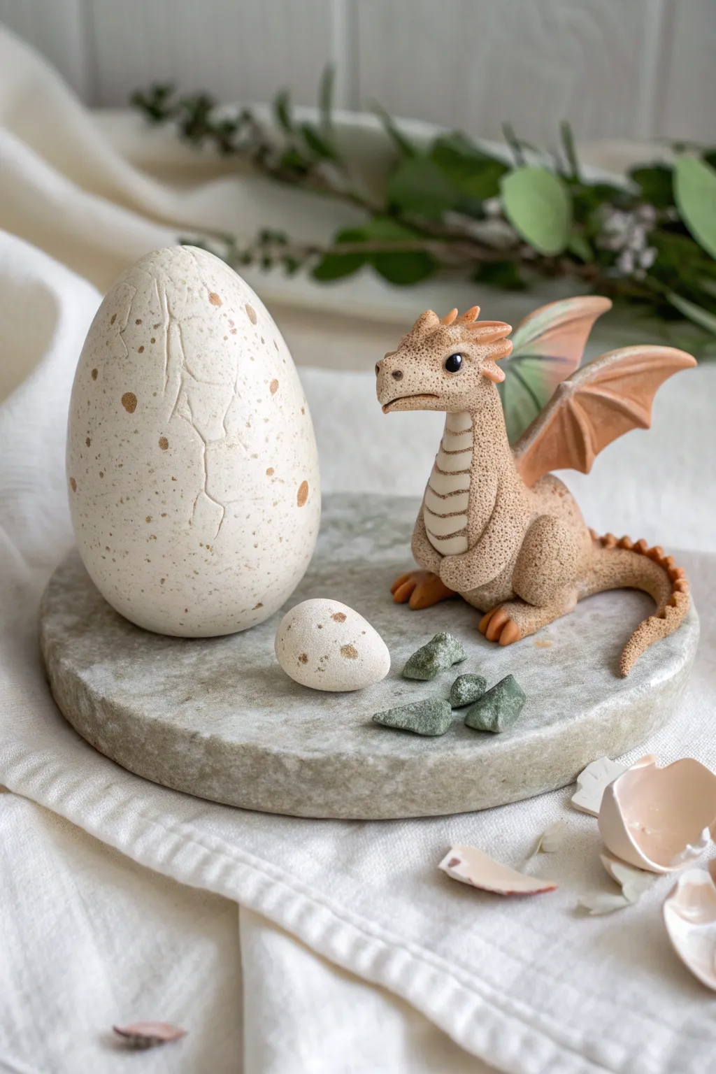 Sweet tiny clay dragon beside a speckled cracked egg in minimalist boho style with cozy contrast