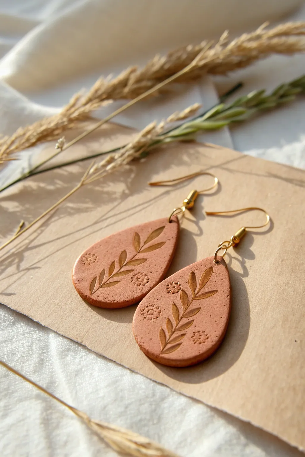 Botanical stamped clay drop earrings in earthy tones, minimalist and handcrafted with soft texture