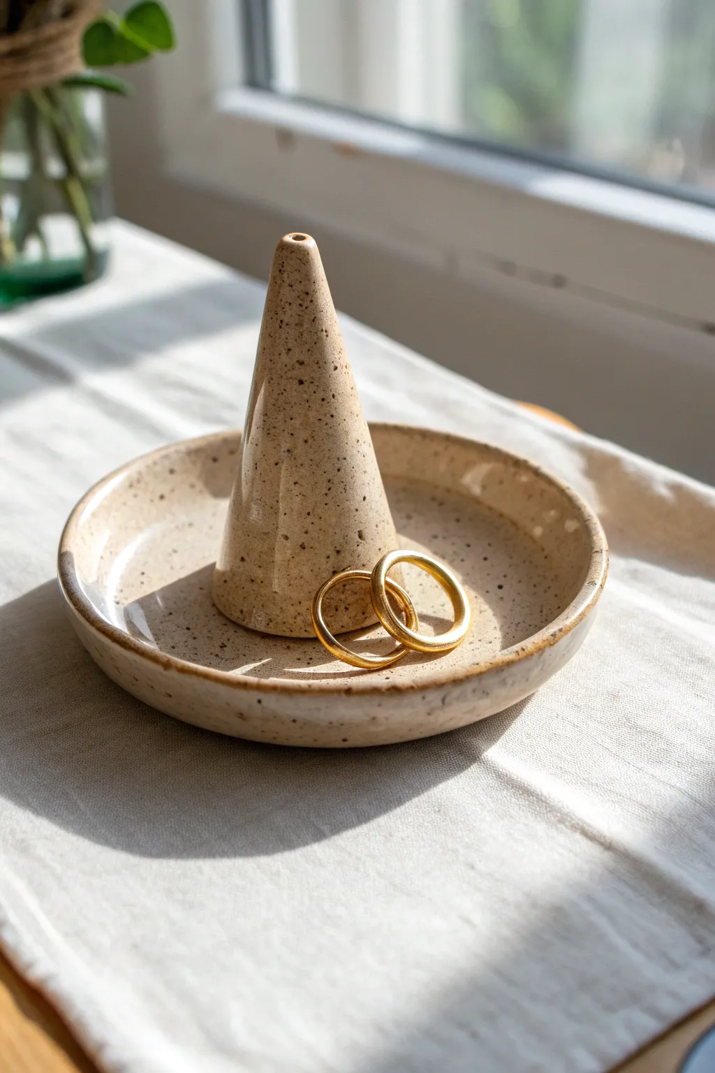 Minimal ceramic ring cone with catch dish in warm neutral glaze, styled with a few rings