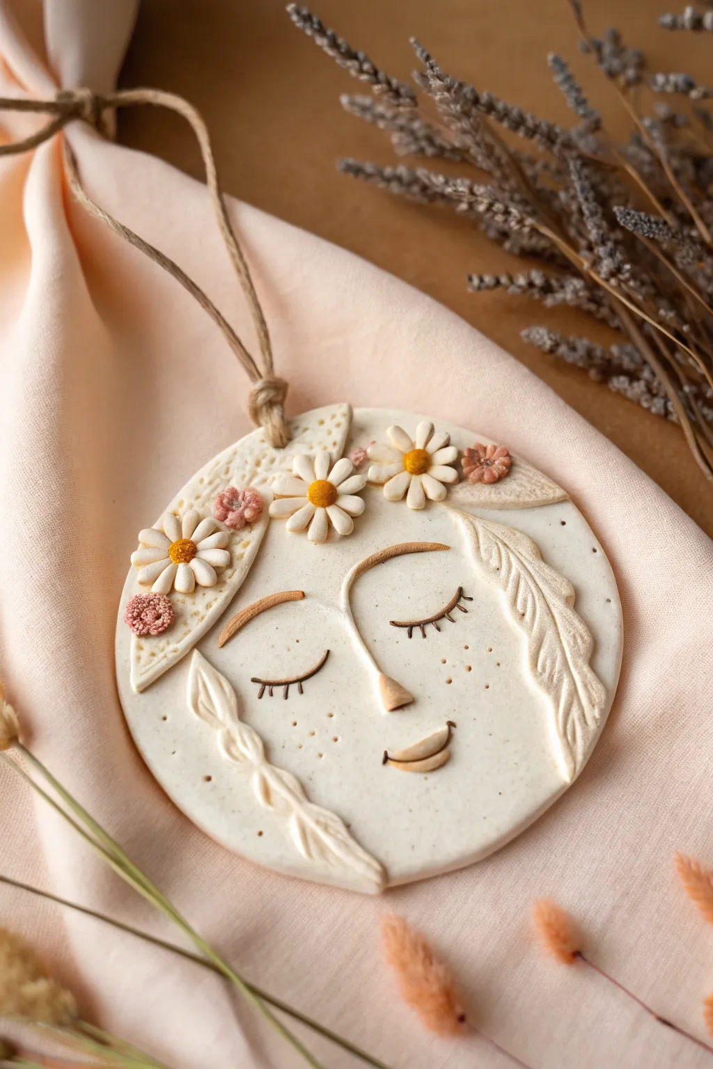 Sweet clay face plaque crowned with tiny flowers, Scandinavian minimal with a soft boho touch.
