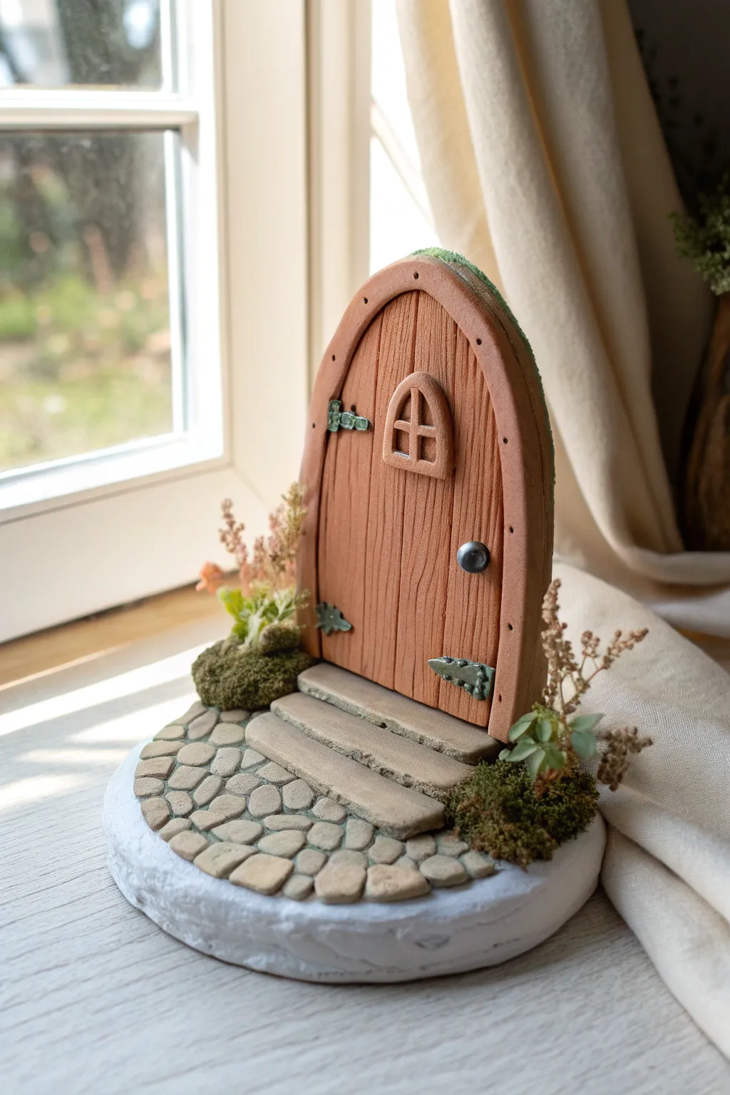 Sweet clay fairy door with one tiny step and a cobblestone path in soft earthy tones