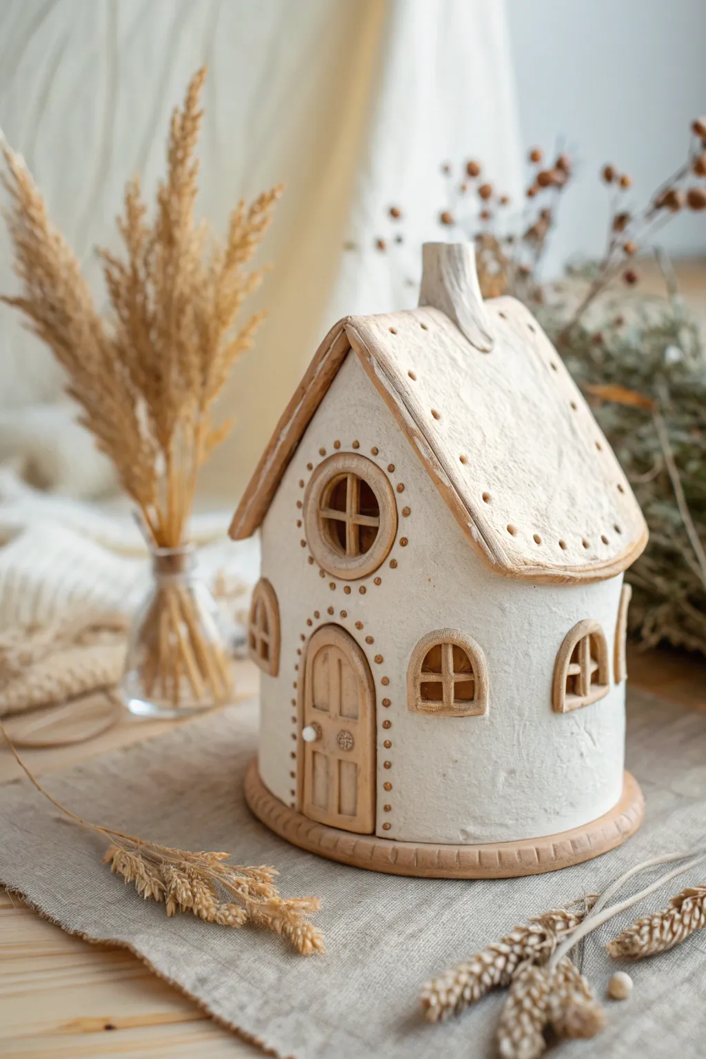 Cozy clay fairy house with round windows and an arched door in soft Scandinavian cottage style