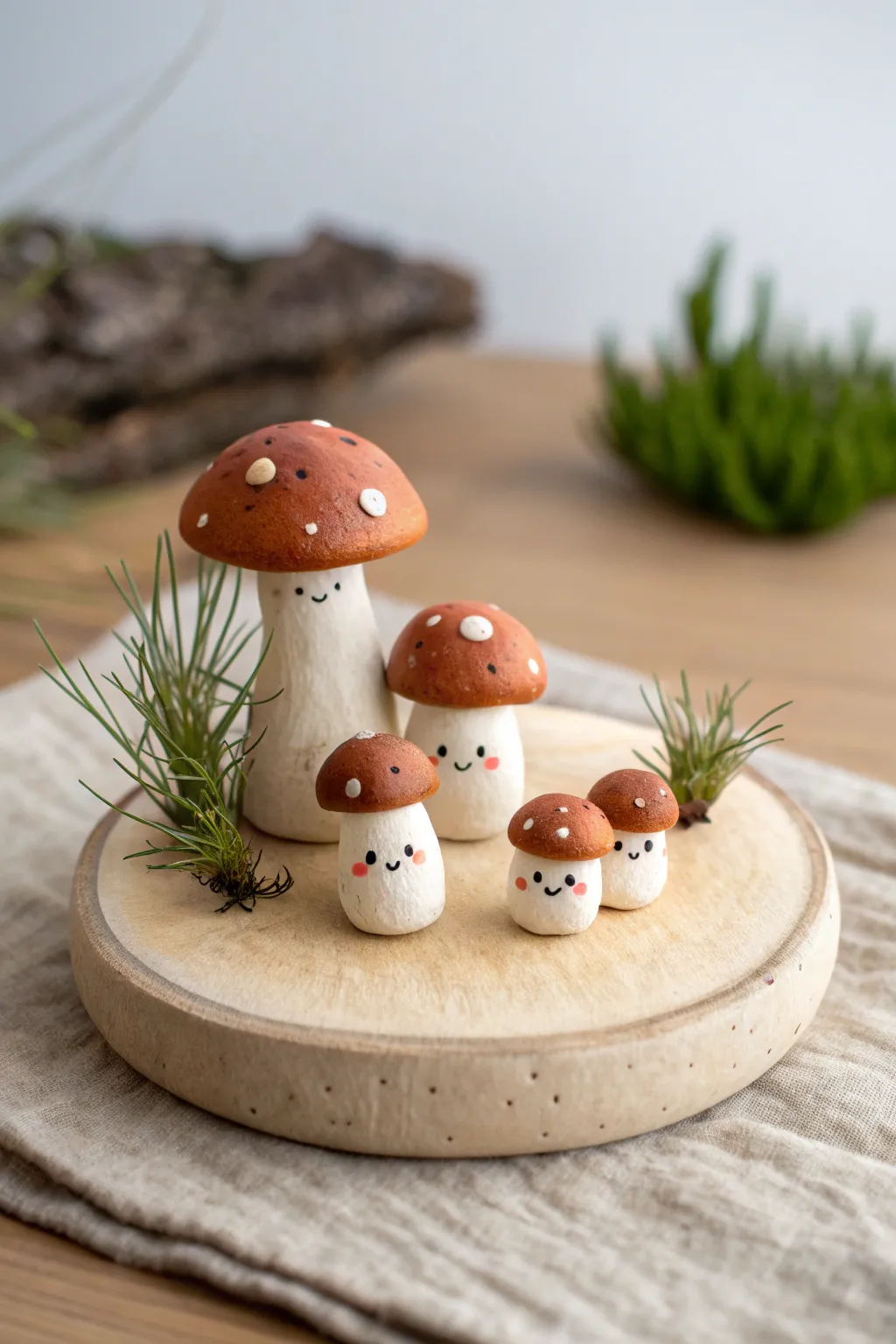 Sweet little mushroom people on a mini patch, simple shapes and cozy handmade charm