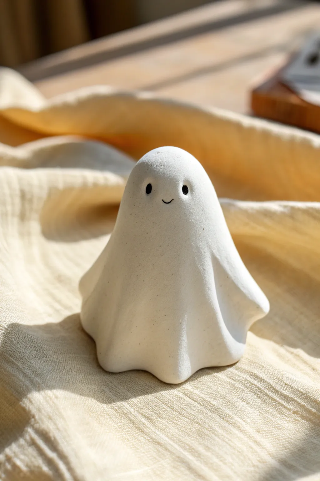 Easy friendly little ghost figure in smooth white clay, minimalist Scandinavian style with soft boho warmth