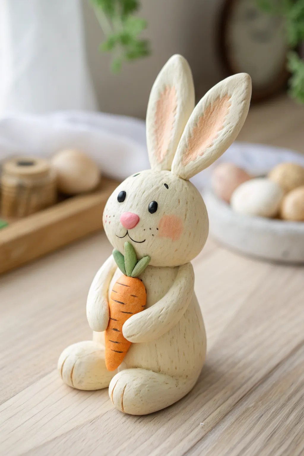 Sweet pastel clay bunny hugging a carrot, a simple kids craft with Scandinavian boho charm