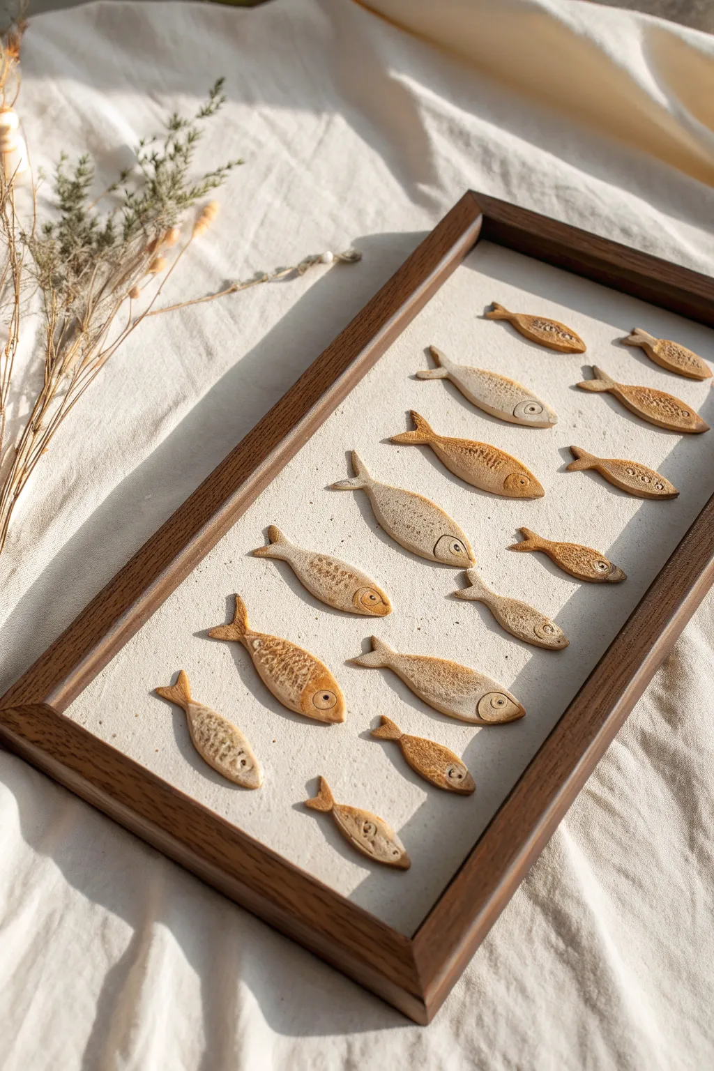 School of tiny clay fish wall relief in a simple frame, soft neutrals and crisp shadows