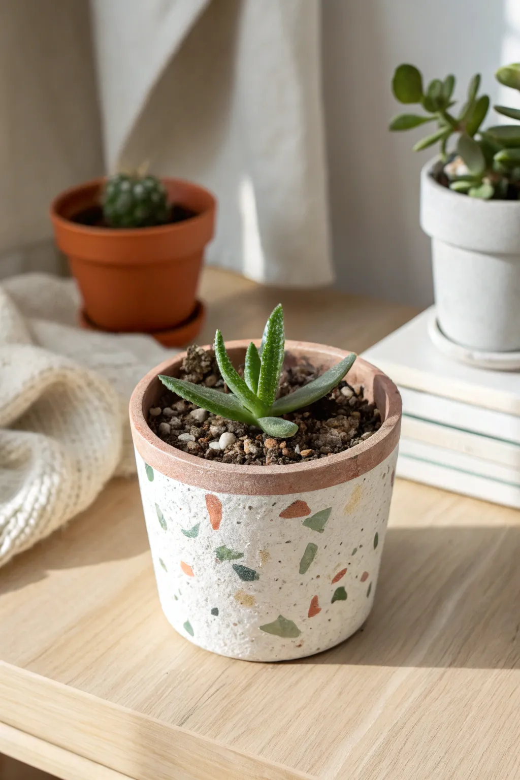 Terrazzo-speckled terracotta pot with a tiny succulent, minimal and boho for an airy desk vignette