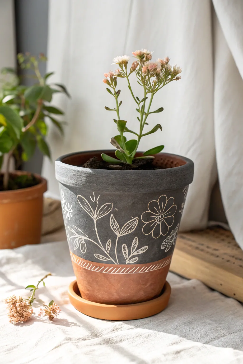 Matte charcoal sgraffito pot with carved floral lines revealing warm terra cotta beneath