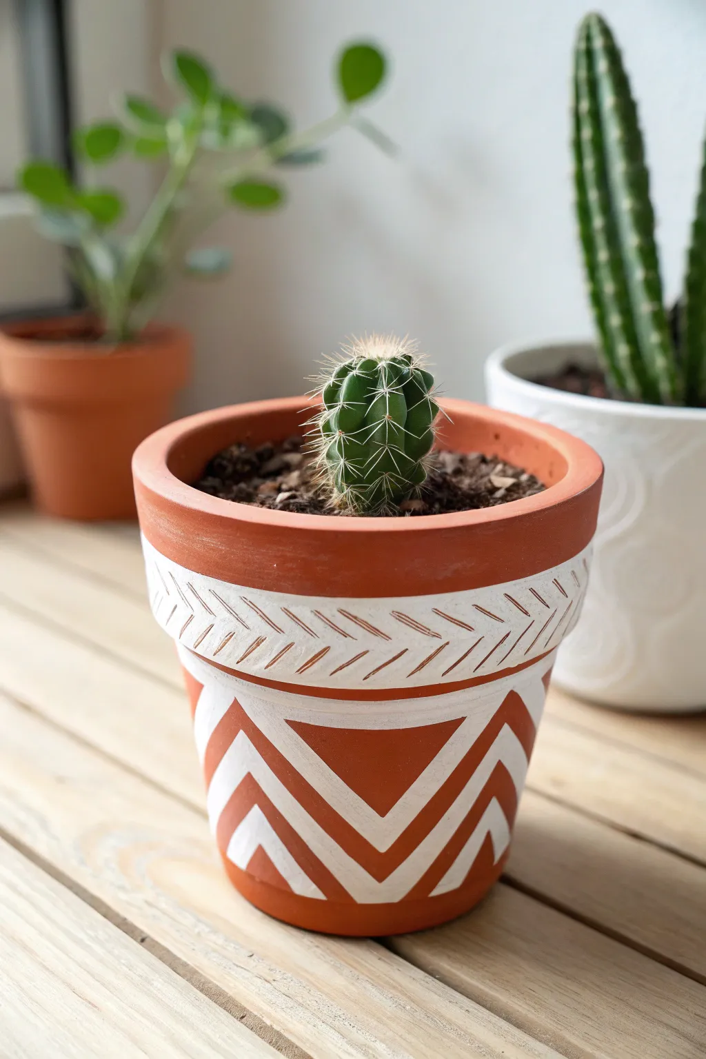 Tape-resist stripes and diagonals reveal terracotta for a crisp, modern pot with cozy texture.