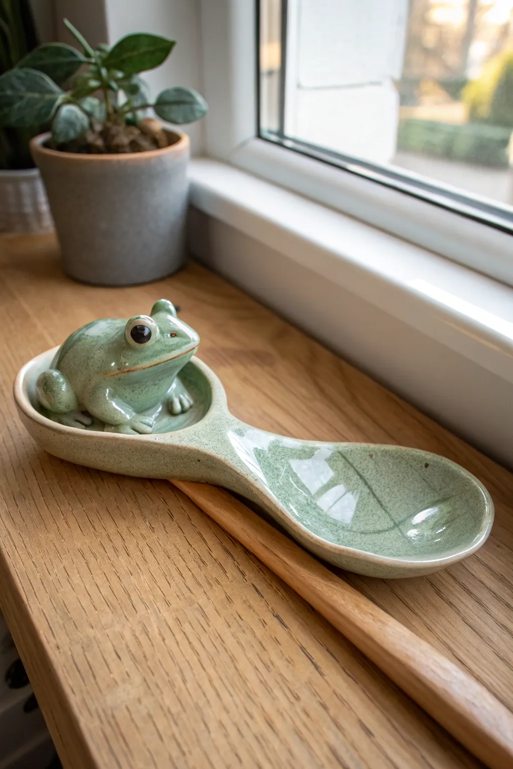 Glossy sage frog spoon rest with a curved back cradle, minimalist and kitchen-ready.