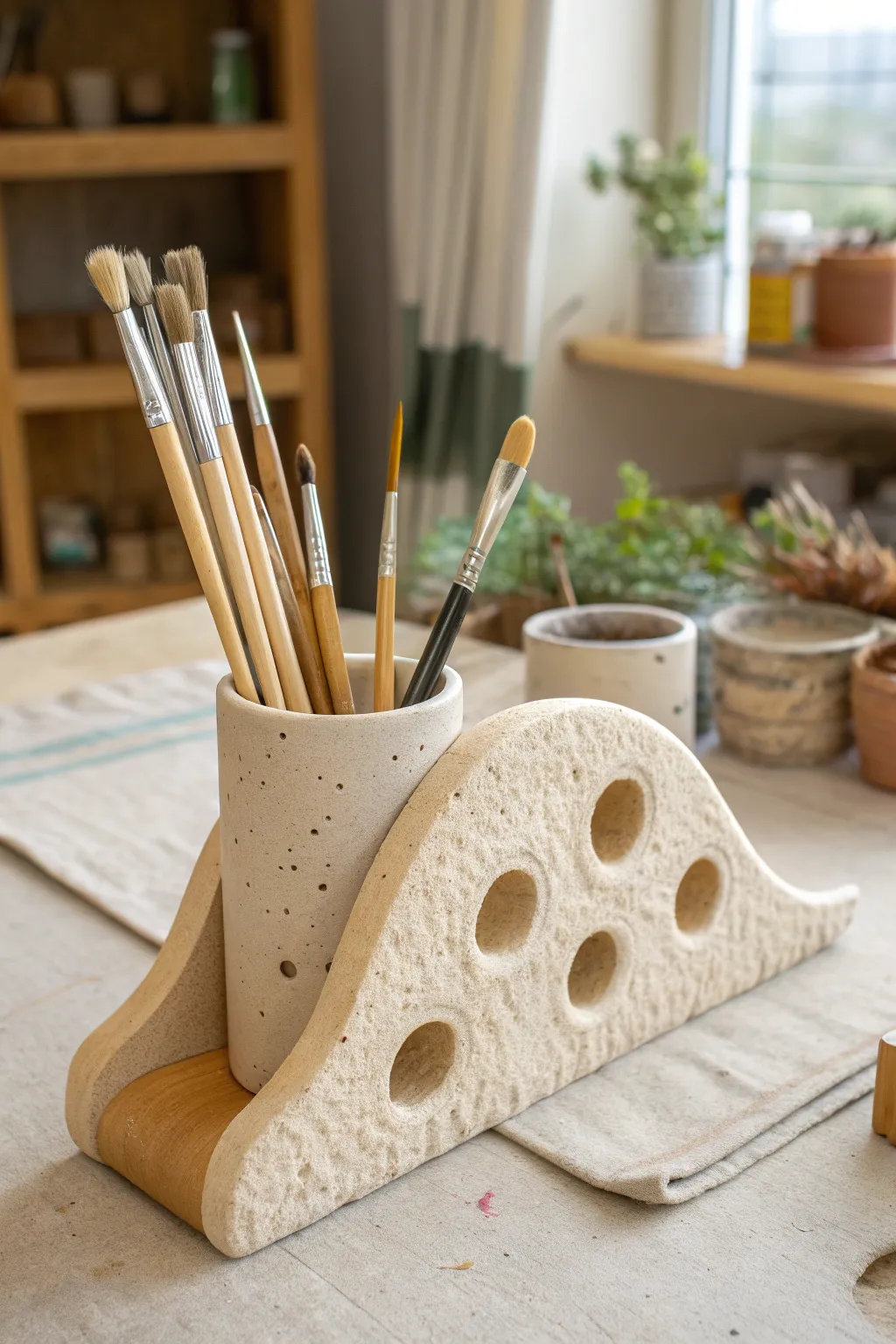 Wavy ceramic brush holder that blends minimalist calm with boho texture for a tidy studio