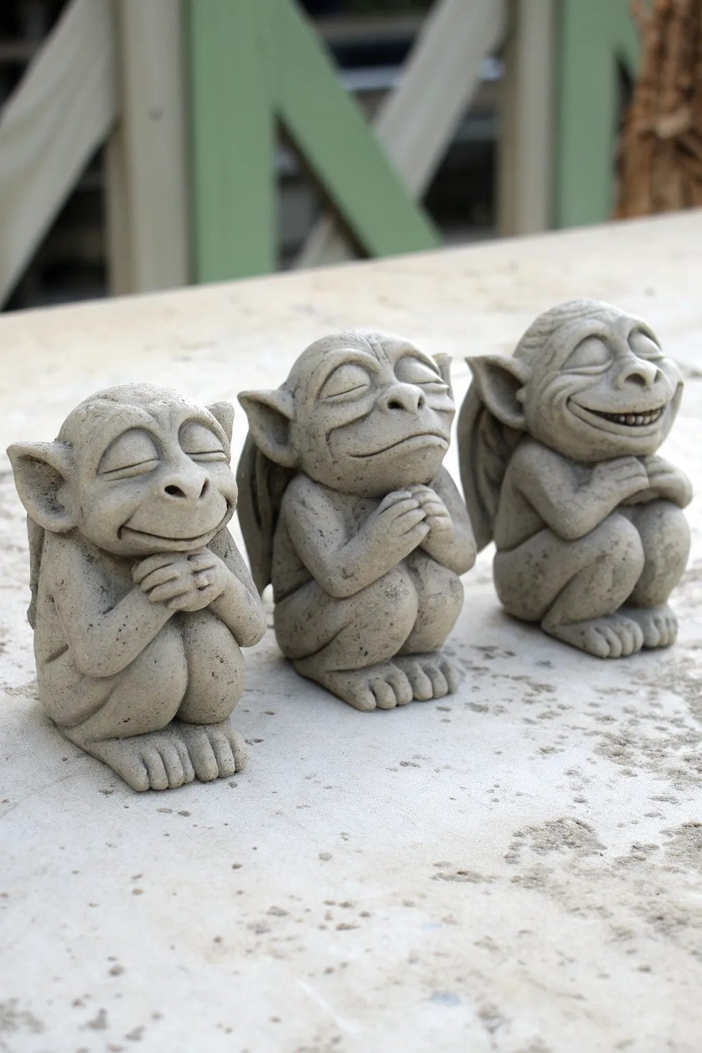 Mini clay gargoyle trio in one pose, three moods: sleepy, angry, delighted, simple and sweet.