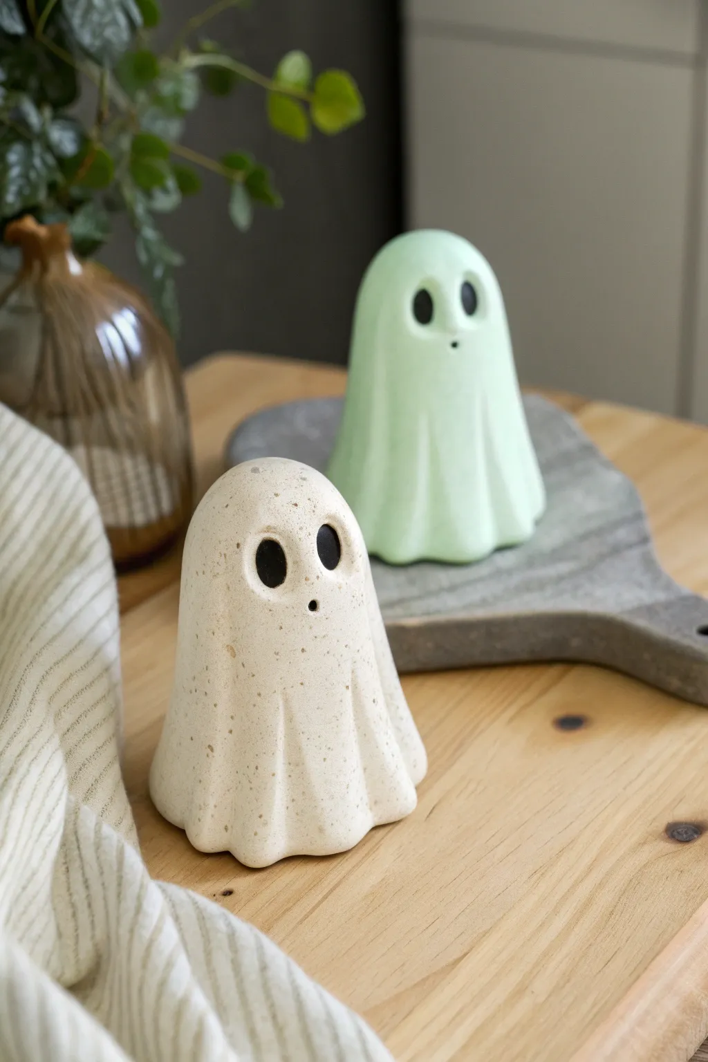 A simple clay ghost by day, then glowing pale green at night with crisp little face cutouts