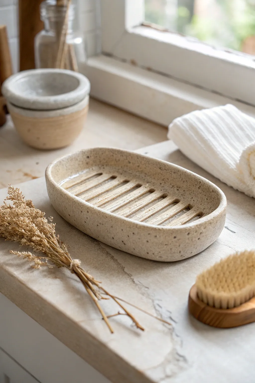 Handmade ridged clay soap dish for a shaving bar, in calm earthy tones and clean bathroom styling.