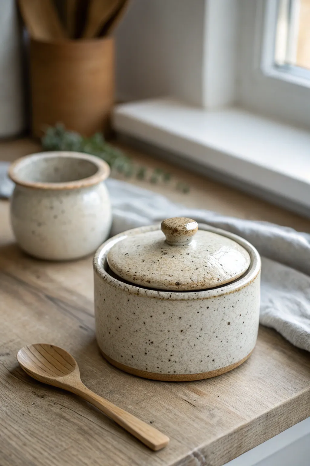 Speckled clay salt cellar with coarse sea salt, a simple handmade gift for home chefs.