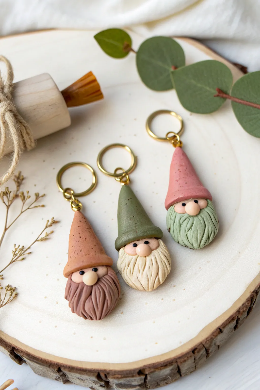Three tiny polymer clay gnome charms on one ring, clean white backdrop and soft Nordic tones