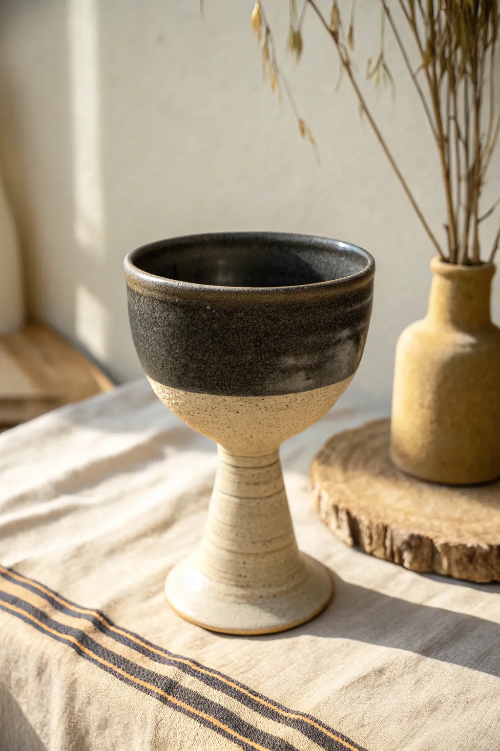 Two-tone glazed goblet with glossy bowl and satin stem for a clean, modern color-block look
