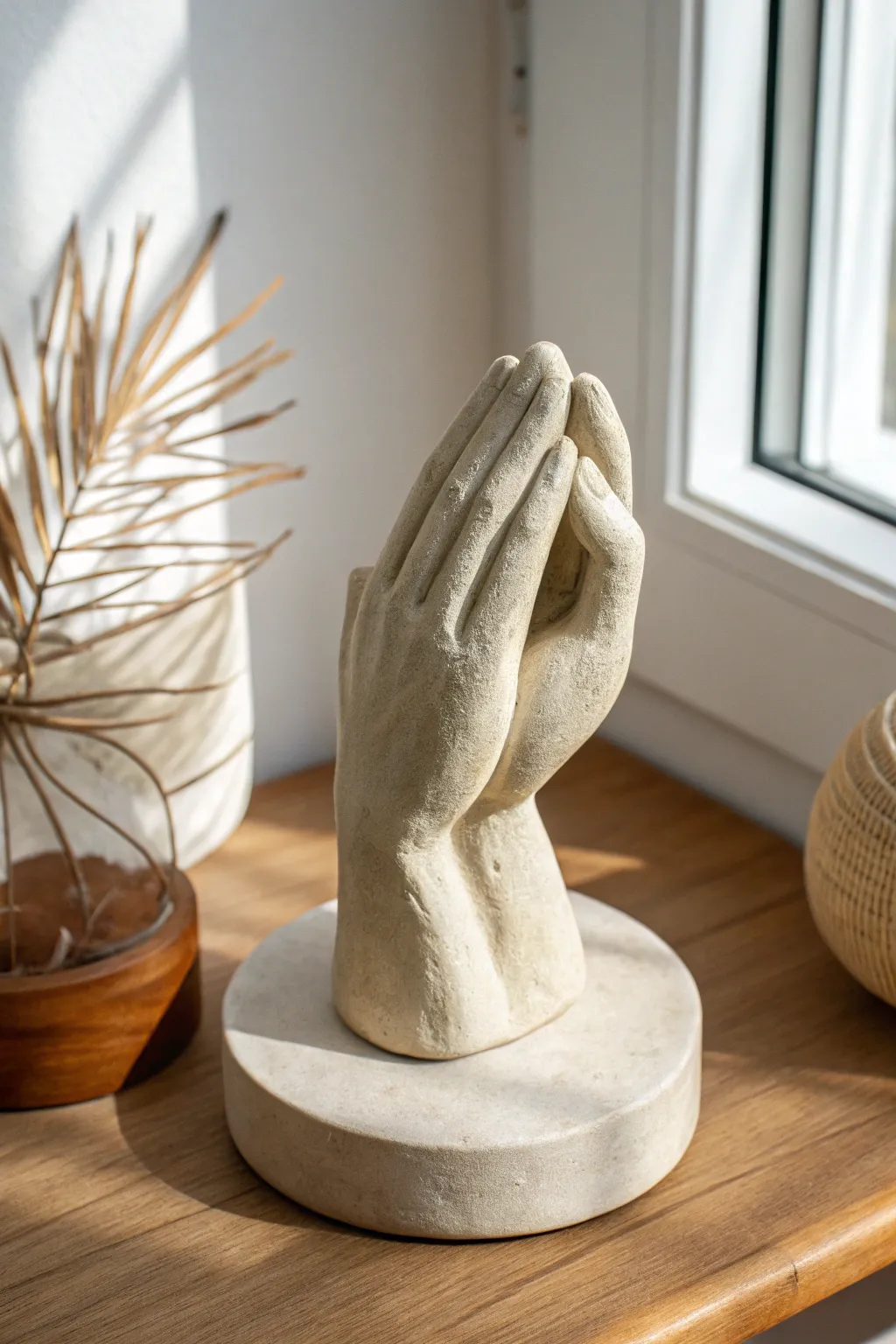 Interlaced fingers mini sculpture in natural clay, serene minimalist decor for your studio shelf.