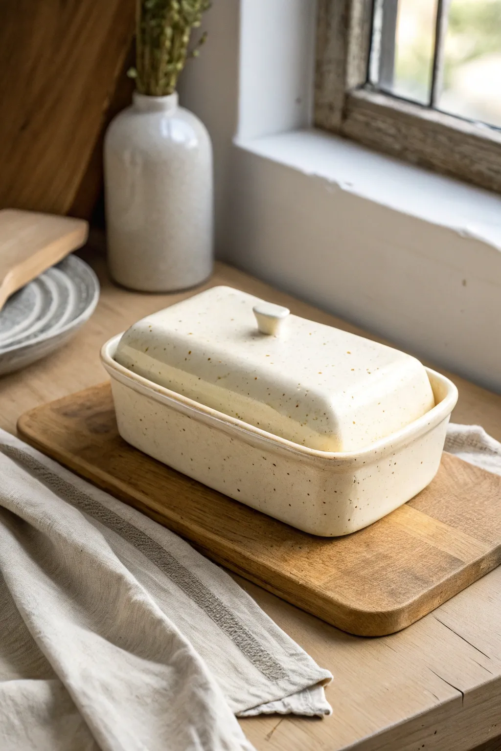 Simple slab-built butter dish with a snug lid, clean seams, and warm minimalist style.