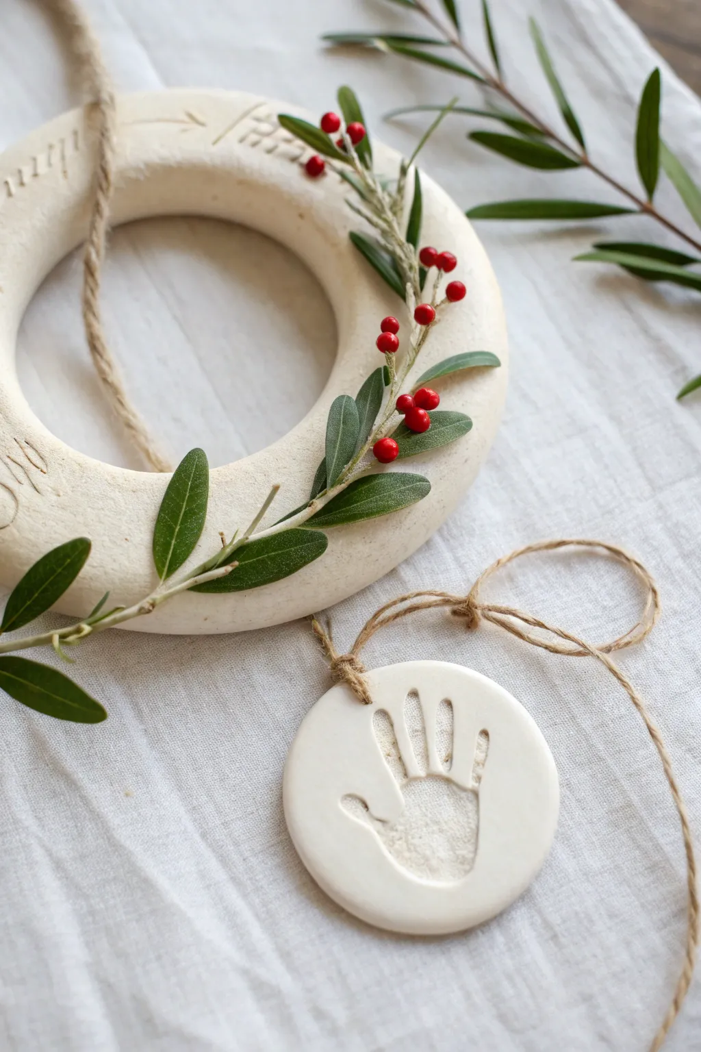 Minimal clay wreath ornament with a sweet handprint tag, greenery, and tiny red berries.