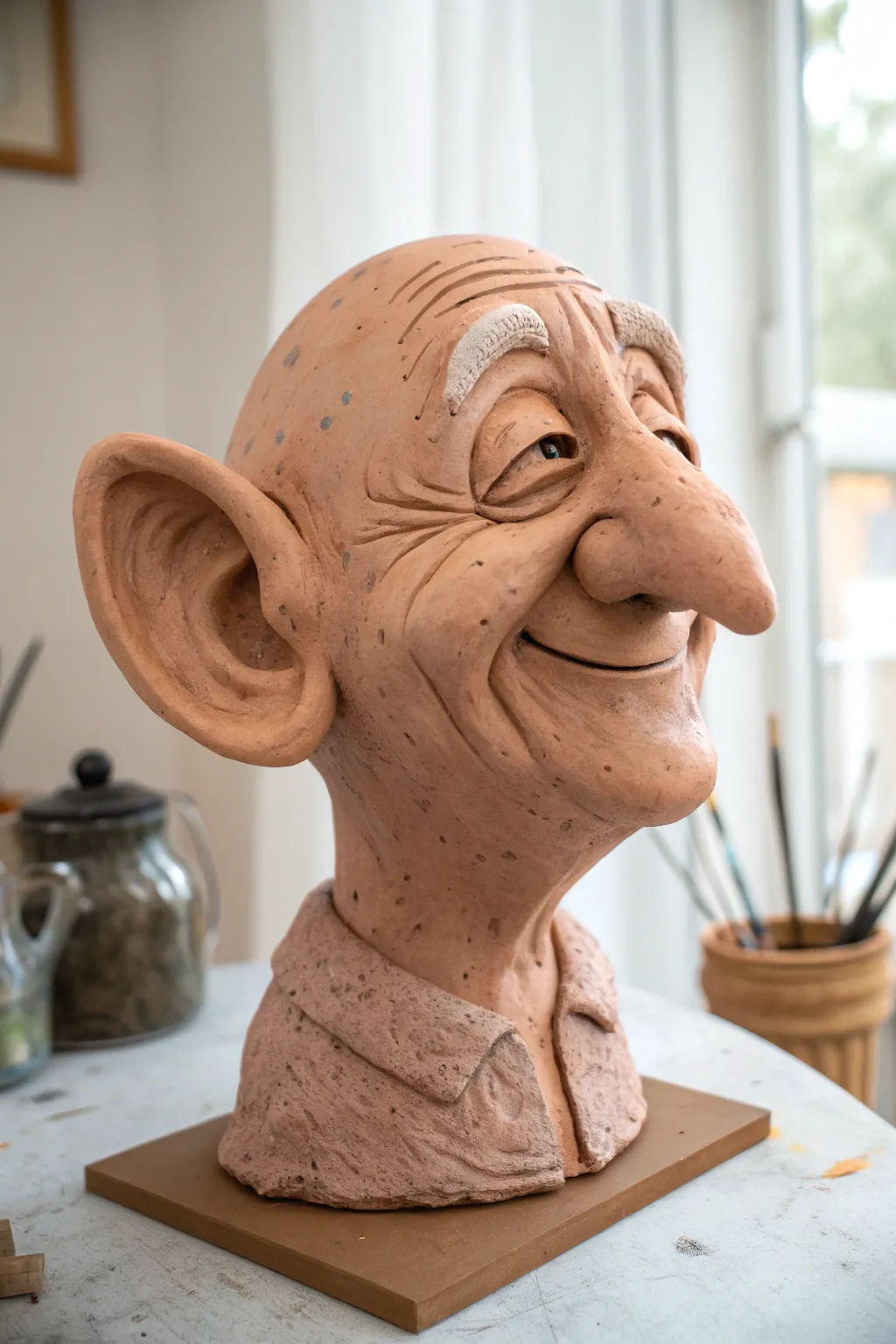Cheerful clay caricature head with a big nose and bold cheeks, styled minimal and boho