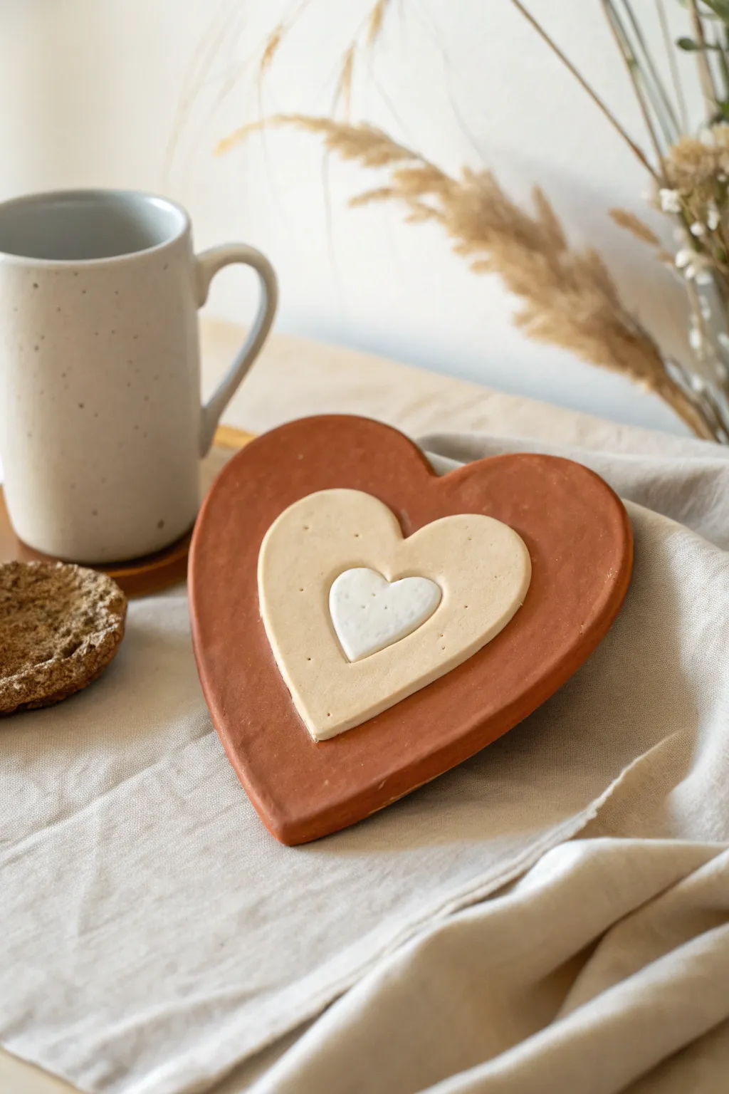 Layered color block clay heart plaque in soft neutral tones, simple handmade decor.