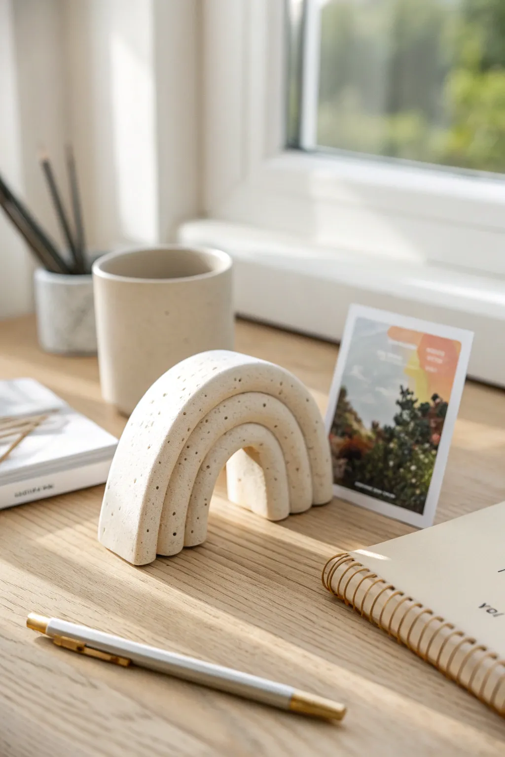 Minimal polymer clay photo holder brings calm, modern organization to your desk decor.