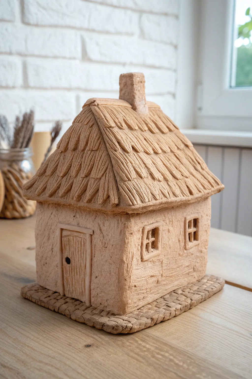 DIY clay cottage with scored straw-look thatched roof, soft rustic tones, minimalist styling.