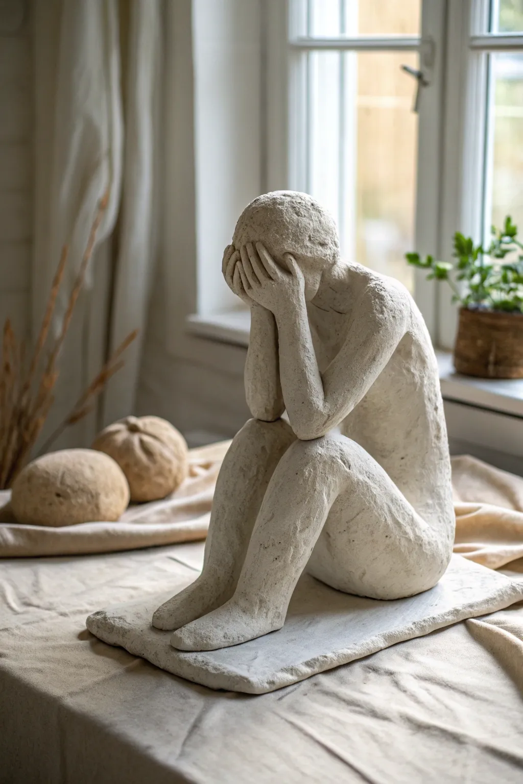 Simple clay figure in overwhelmed pose, raw texture and calm Nordic styling for soulful decor.