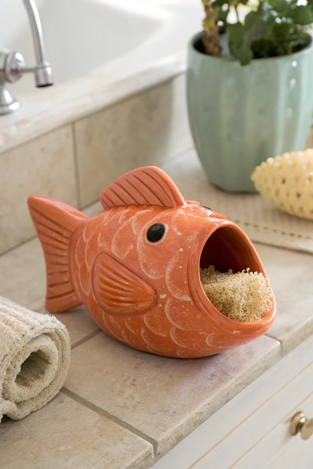 Bright fish scrubby caddy with a big-mouth slot, minimalist styling and a loofah peeking out