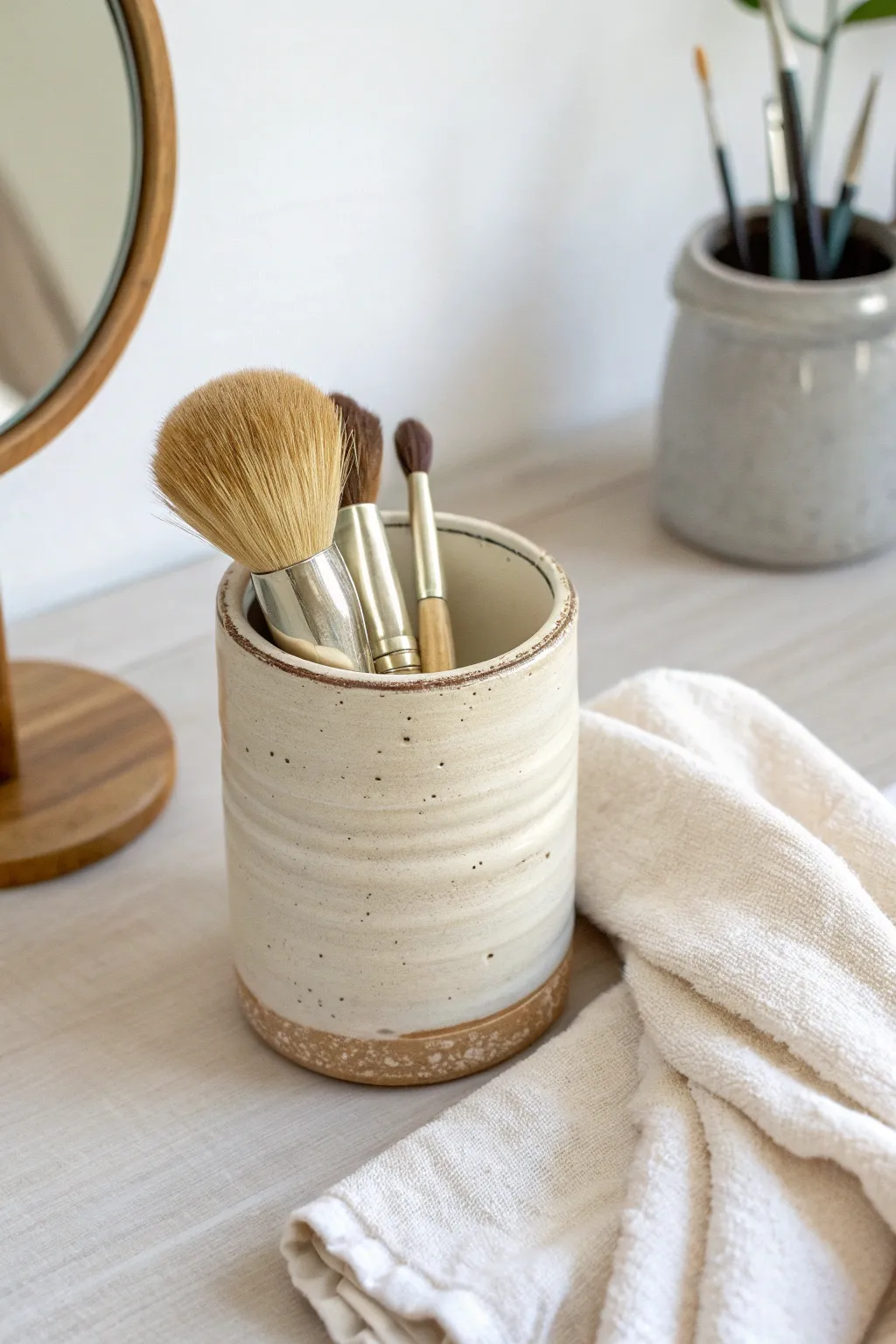 Studio-style pottery brush cup with a softly imperfect rim, styled on a clean minimalist vanity
