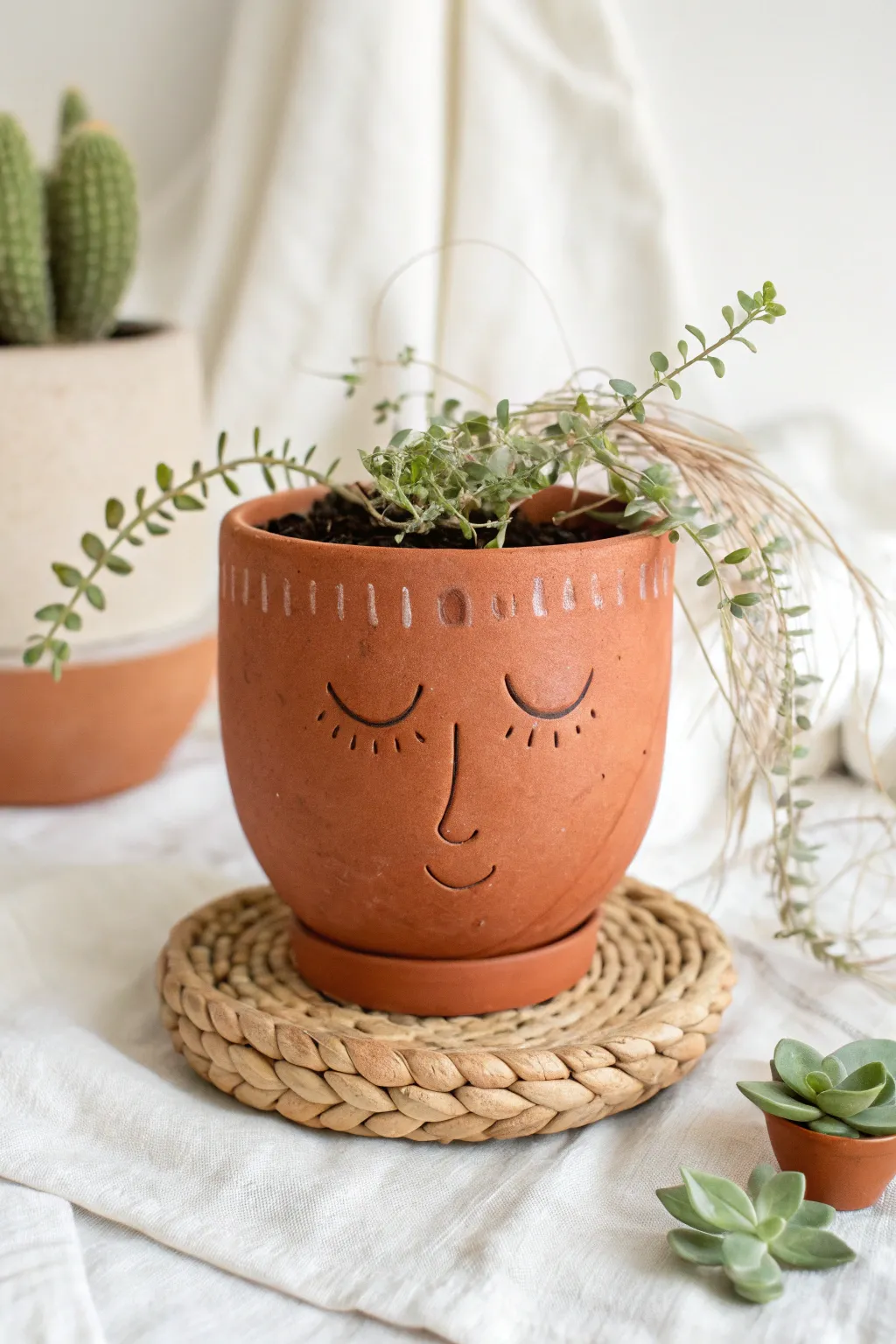 Playful face pinch pot planter with simple features and soft greenery, perfect for art class ideas.
