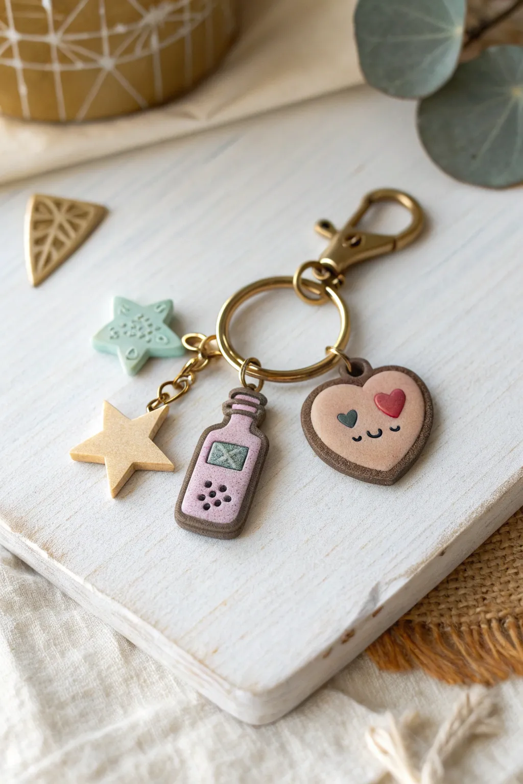 DIY gaming clay charm keyring for him: minimalist potion, heart meter, and star in earthy tones.