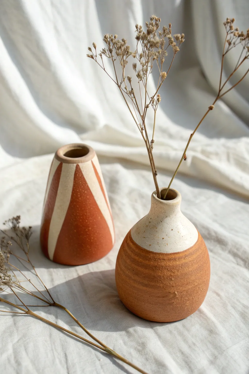 A tiny matching bud vase duo in soft clay tones, perfect handmade gift for a dear friend.