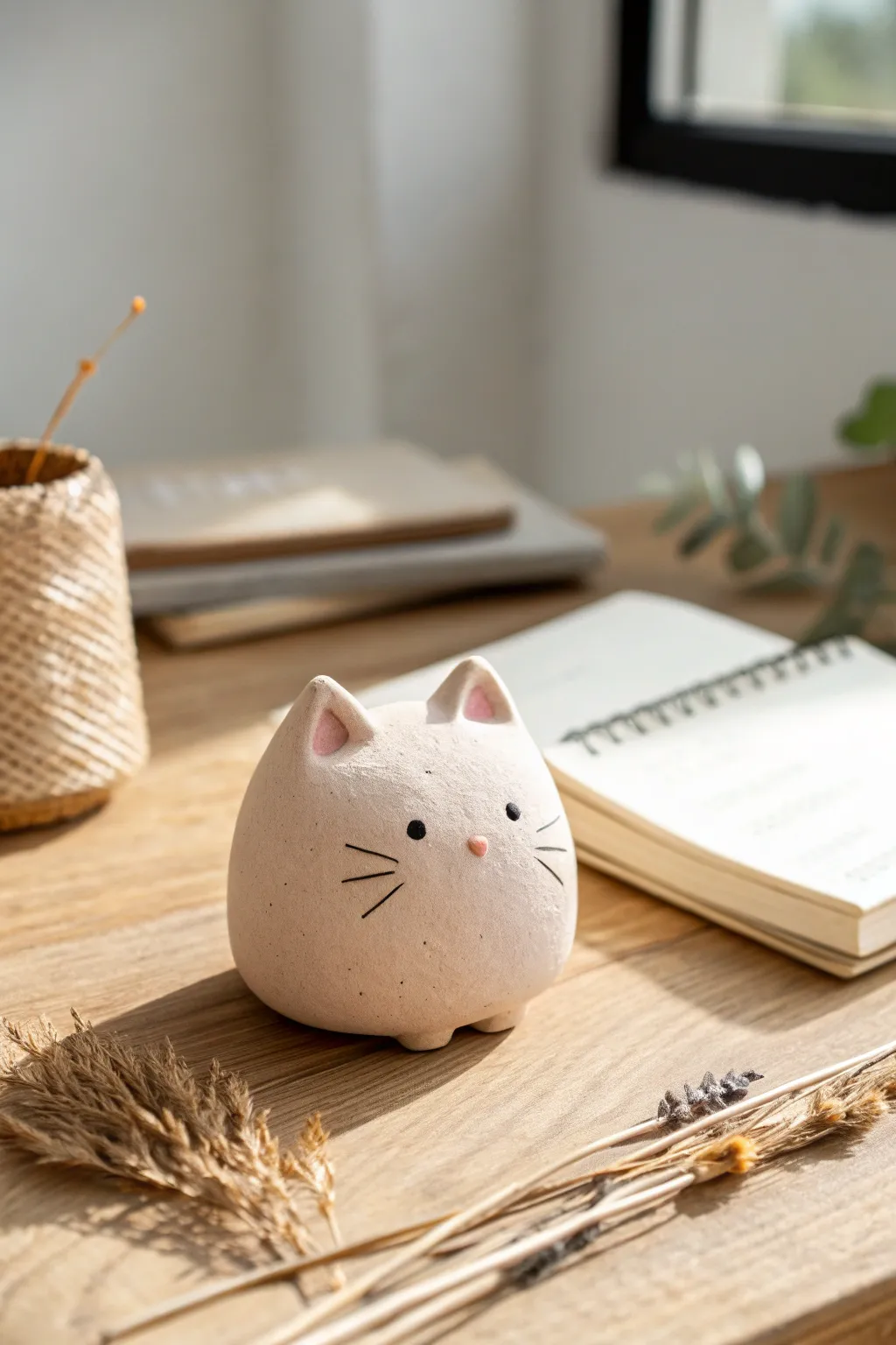 Sweet pastel clay kitty desk buddy with dot eyes and blush cheeks, styled on a tidy desk