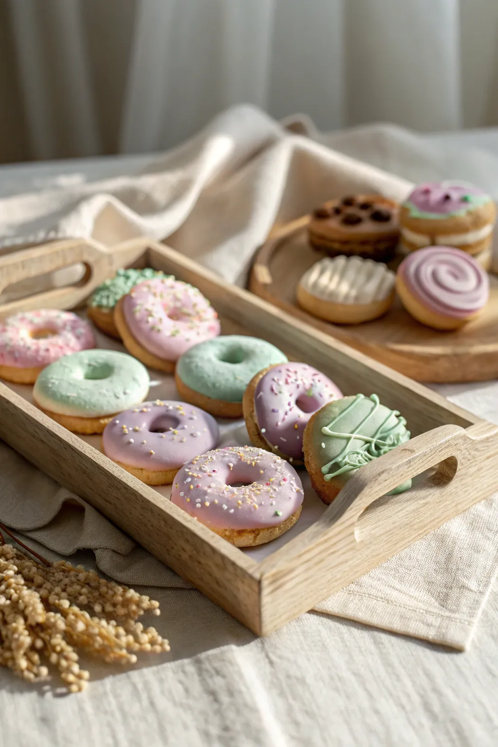 Pastel clay mini donuts and cookies on a tiny tray, made for sweet pretend play fun.