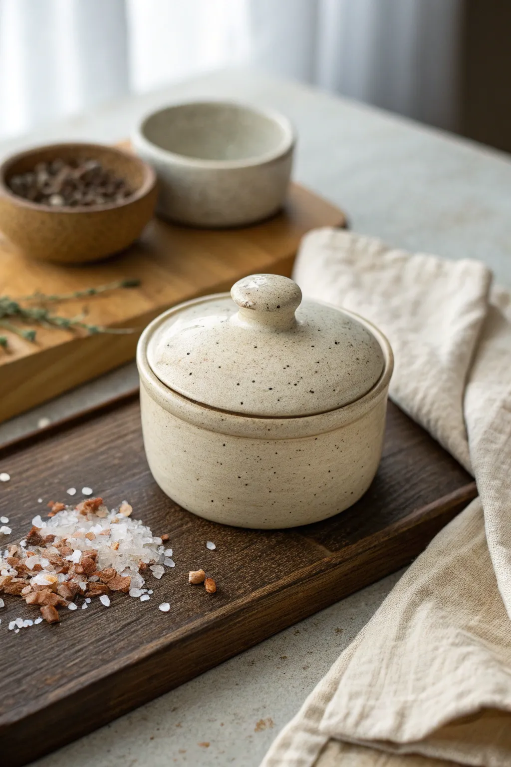 Handmade lidded clay salt cellar for the grill master, minimal, rugged, and kitchen ready.