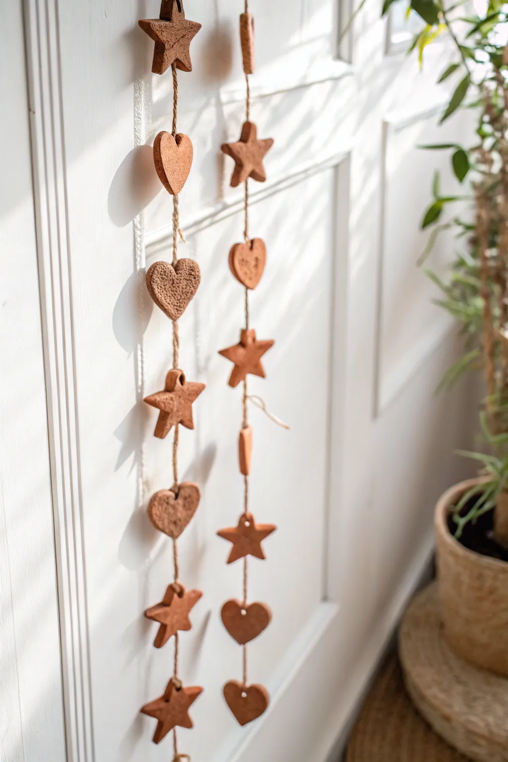 Sweet toddler clay garland: simple stars, hearts, and circles in warm terracotta on natural cord