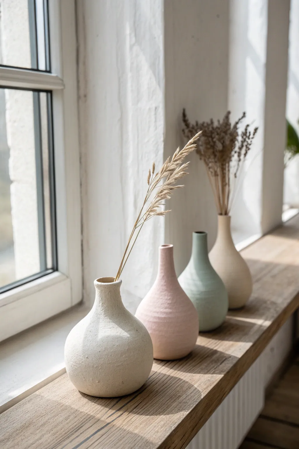 Petite clay bud vases in soft tones, each holding a single stem for simple shelf styling