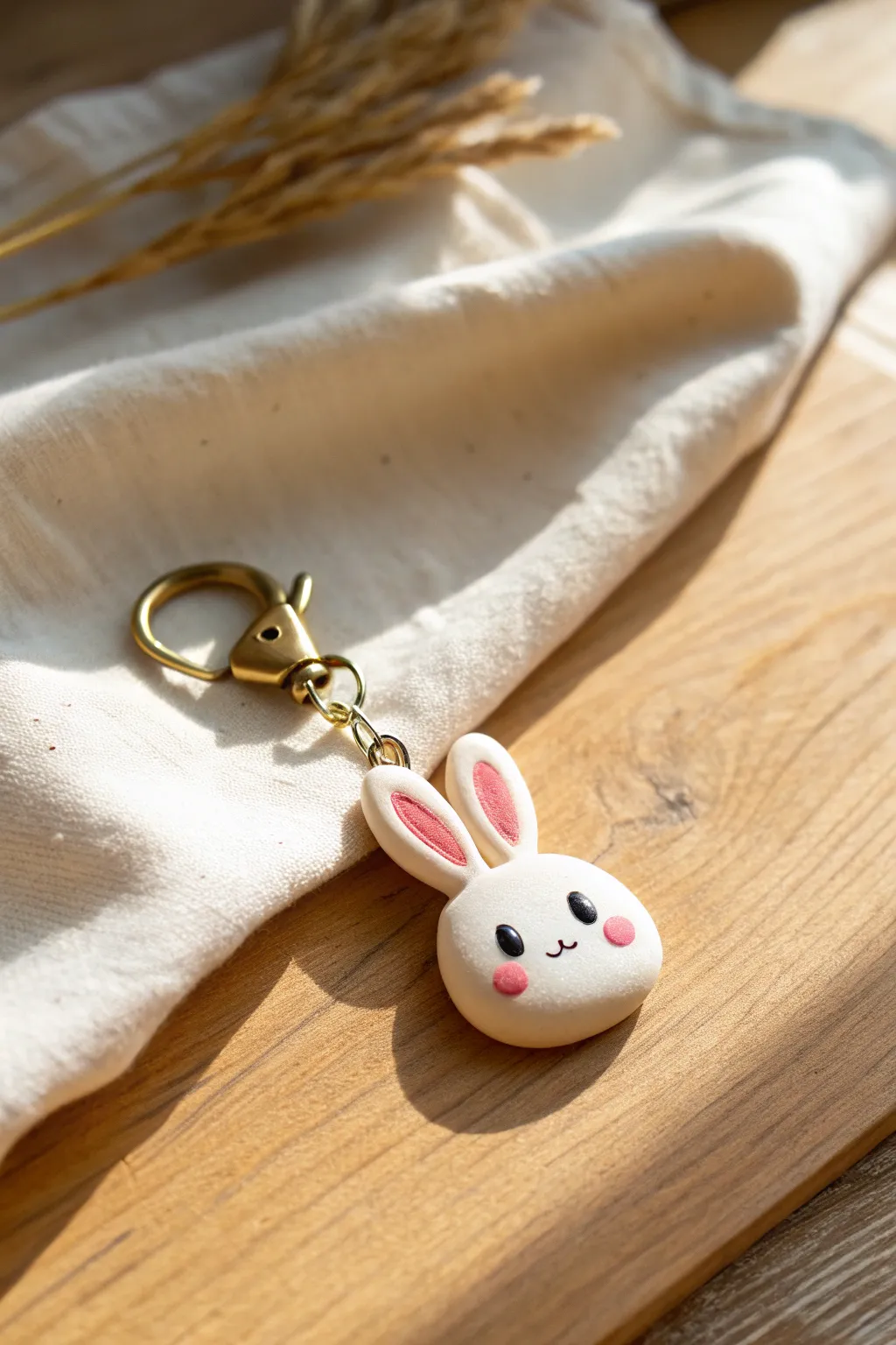 Simple polymer clay bunny charm keychain tag in soft neutrals, minimalist Scandinavian boho vibe