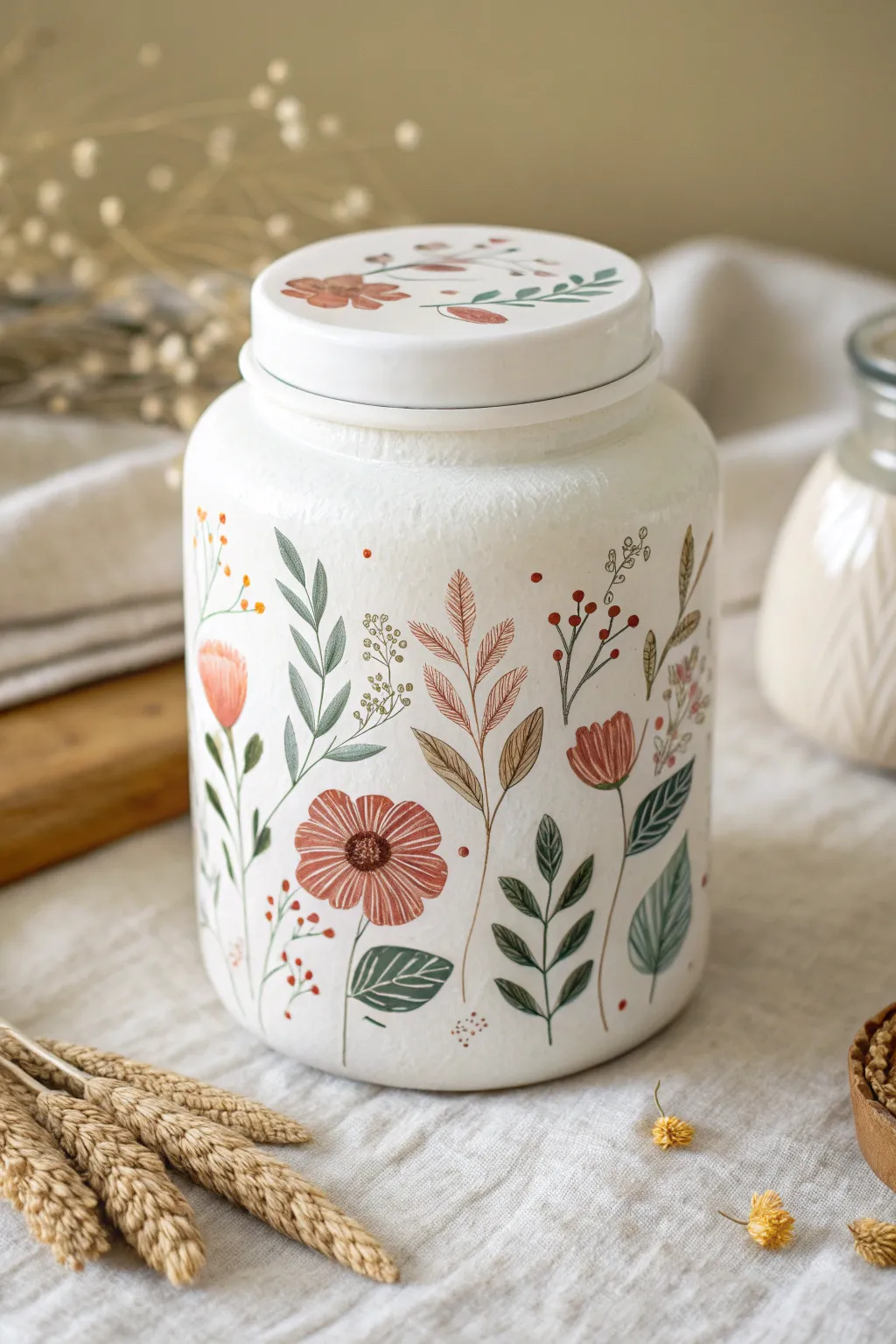 Minimal faux ceramic jar with hand-painted florals, bright neutral styling and cozy boho charm