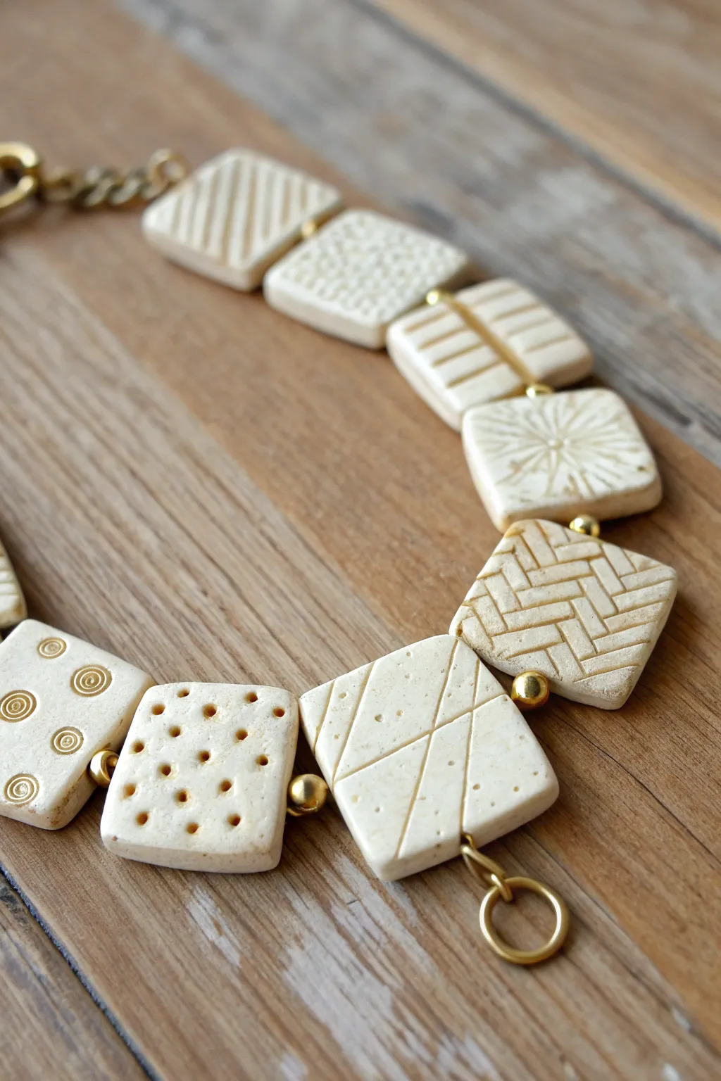 Minimal clay tile link bracelet with soft textures and warm wood tones, clean Scandinavian boho.