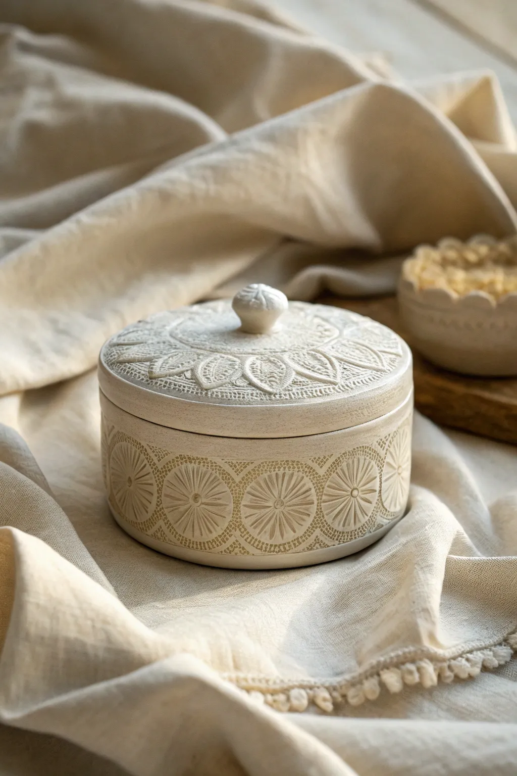 Oval air-dry clay jewelry box with lace embossing and a soft antique patina on linen