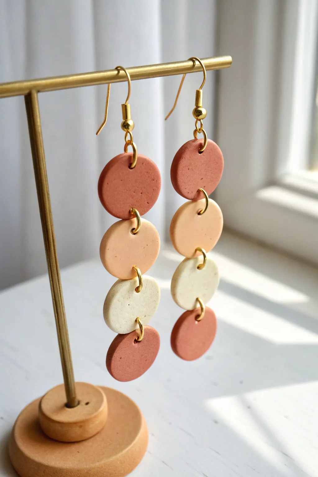 Stacked clay disc earrings with gold jump rings, a simple Scandinavian boho statement piece.