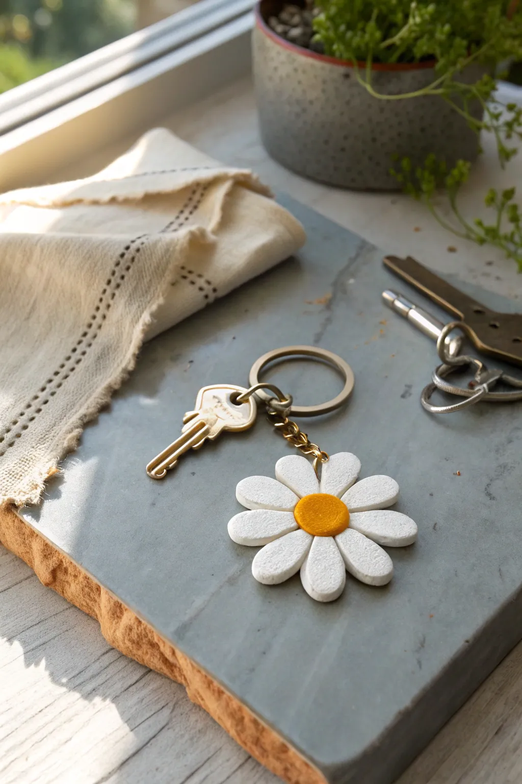 Minimalist clay daisy keychain with sunny center, a sweet handmade touch for everyday keys.