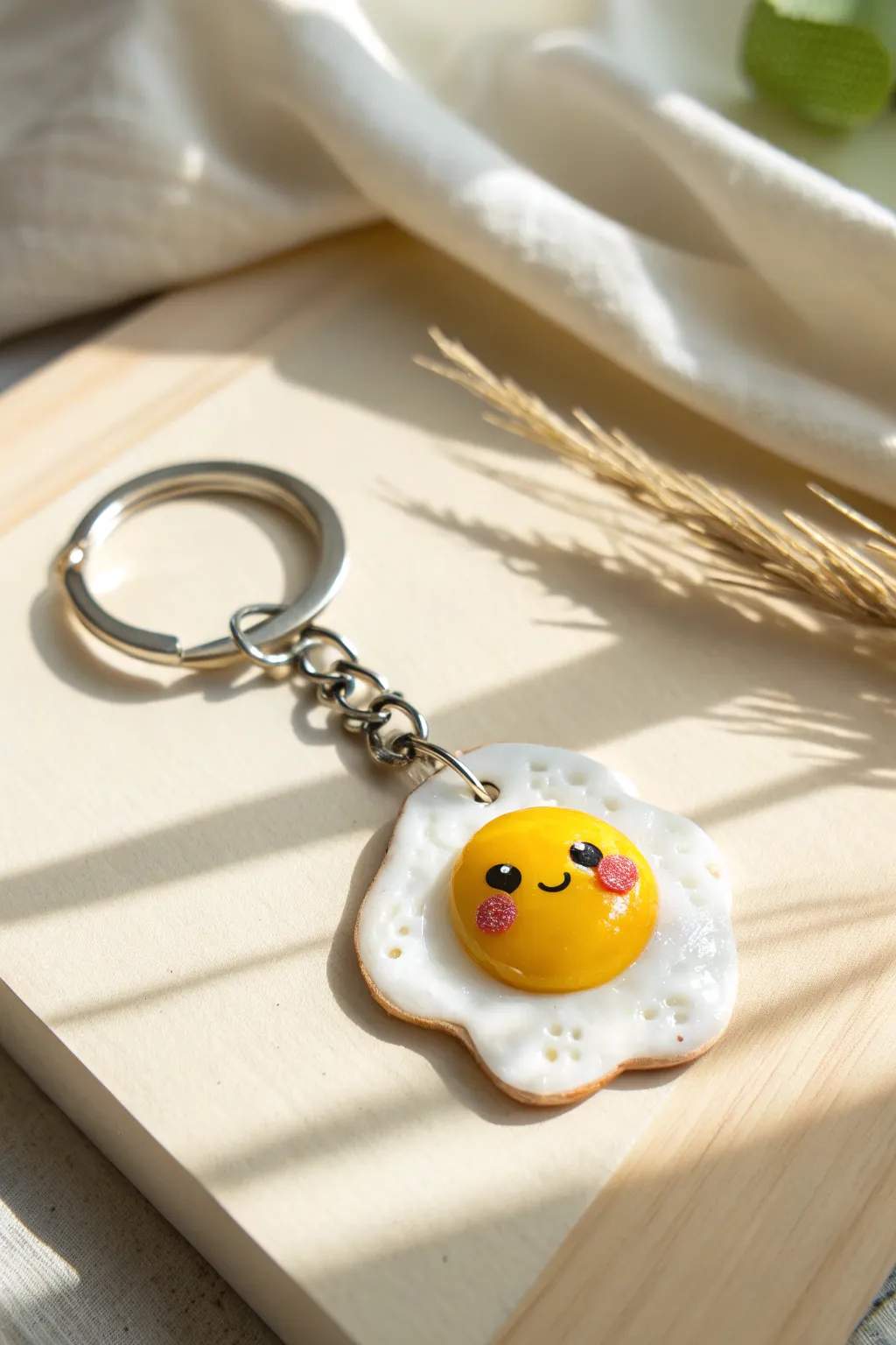 Adorable fried egg clay keychain with a sunny yolk and tiny face, minimalist and sweet.