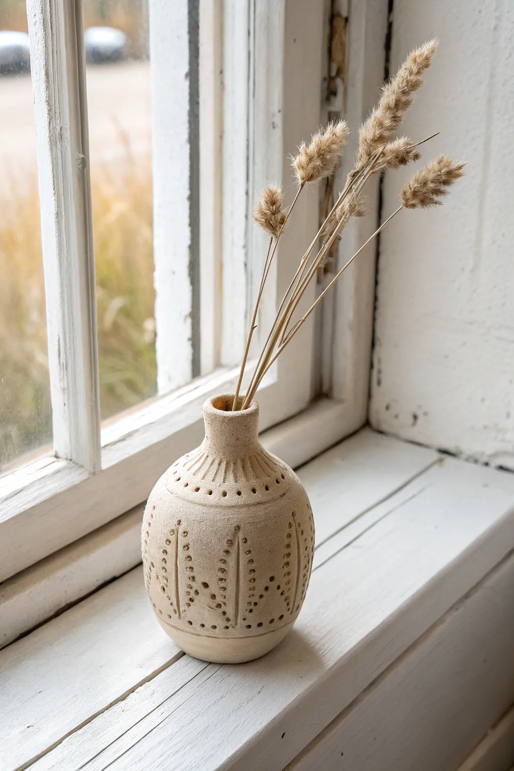 Simple textured bud vase kit idea: soft daylight, carved dots, and dried stems for cozy minimal decor.