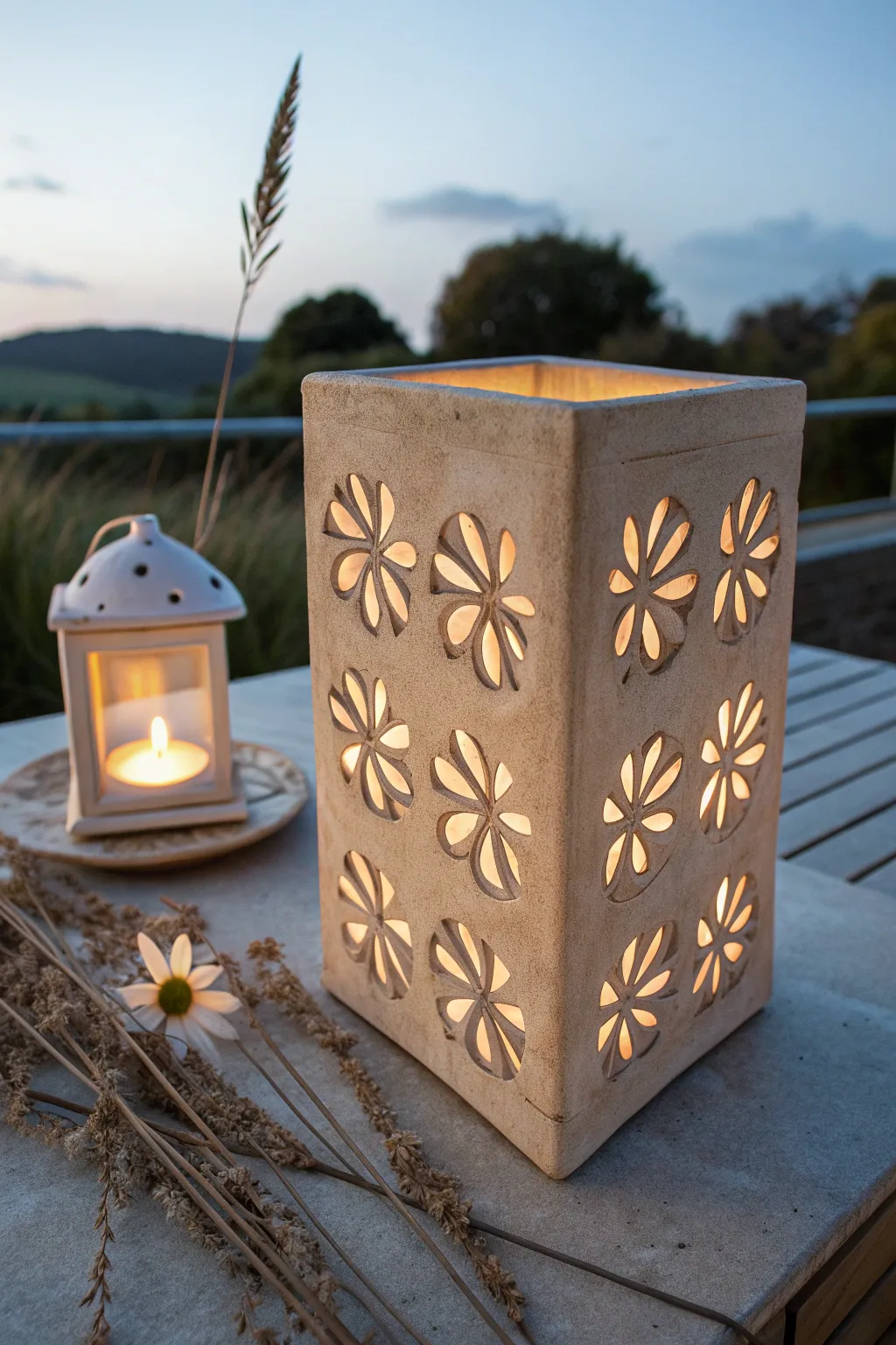 Floral cutout clay lantern glowing at dusk, casting petal-like shadows for cozy patio light.