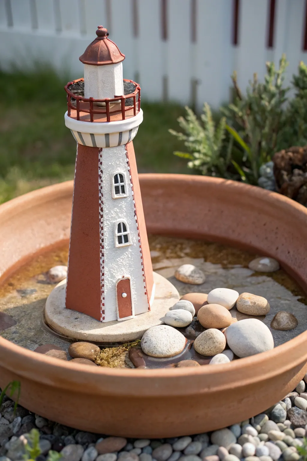 Clay lighthouse birdbath with wide saucer base, a serene garden accent for visiting birds