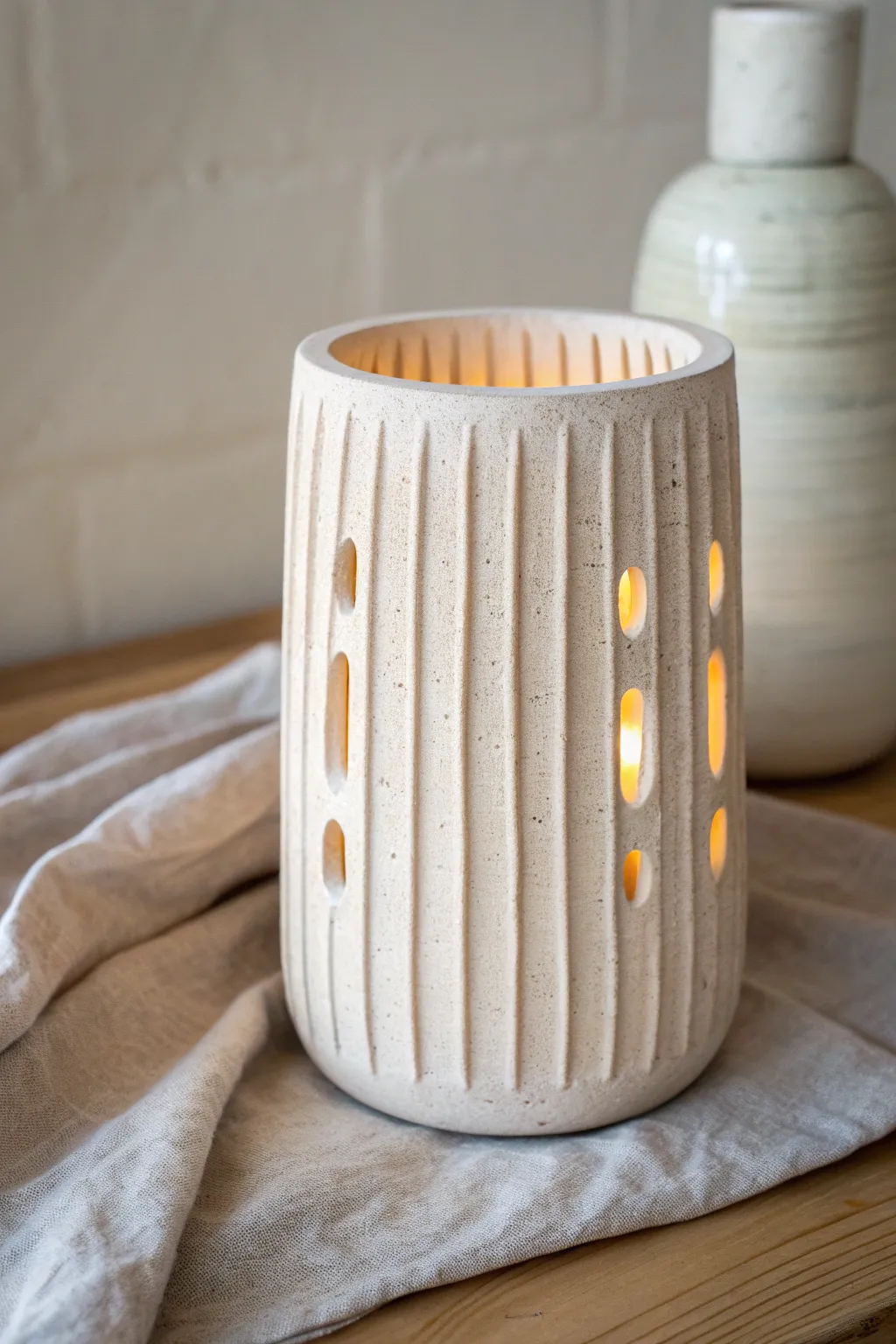 Pale ribbed clay luminary with simple slit cutouts, glowing warm light in clean minimal style.